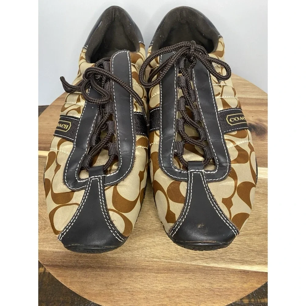 Woman's COACH Kirby Size 8 Sateen Tennis Sneakers Shoes Signature Brown and Tan